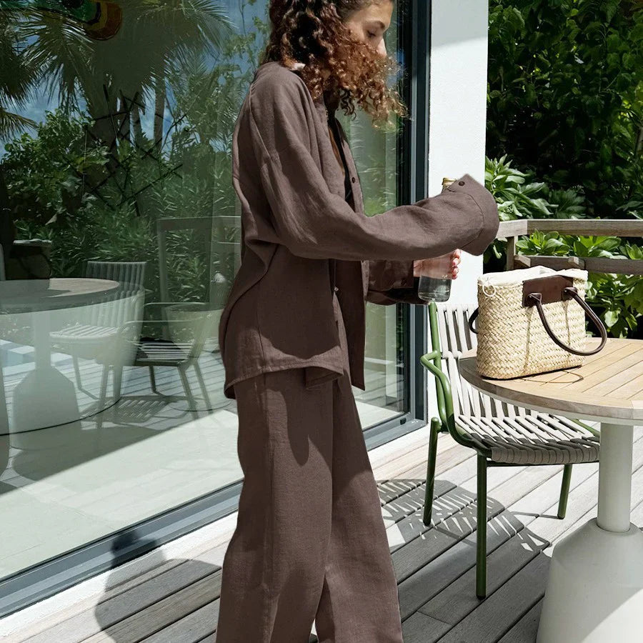 Women’s Two-Piece Set – Relaxed Fit – Oversized Top – Wide-Leg Pants – Natural Fibers