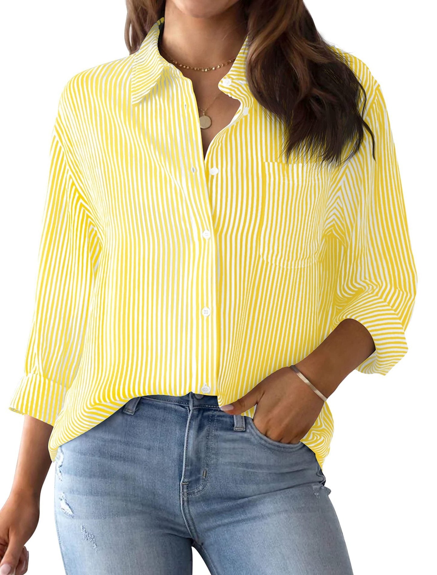 Damen Bluse – Lockerer Schnitt – Naturfasern – Gestreift mit Knopfleiste