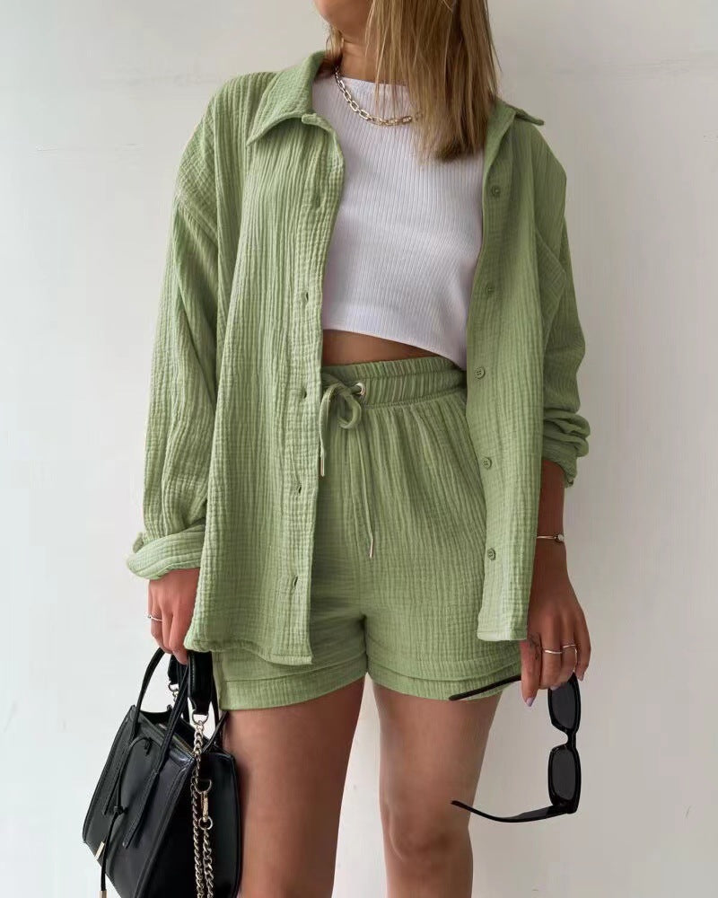 Damen Zweiteiler Set – Oversize Crinkle Hemd – High Waist Shorts mit Kordelzug