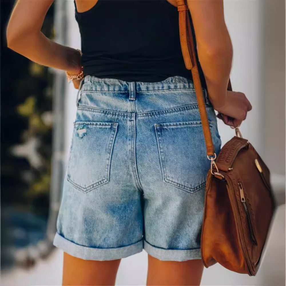 Damen Jeansshorts – Mittelhoher Bund – Relaxed Fit – Used-Look – Taschen-Design
