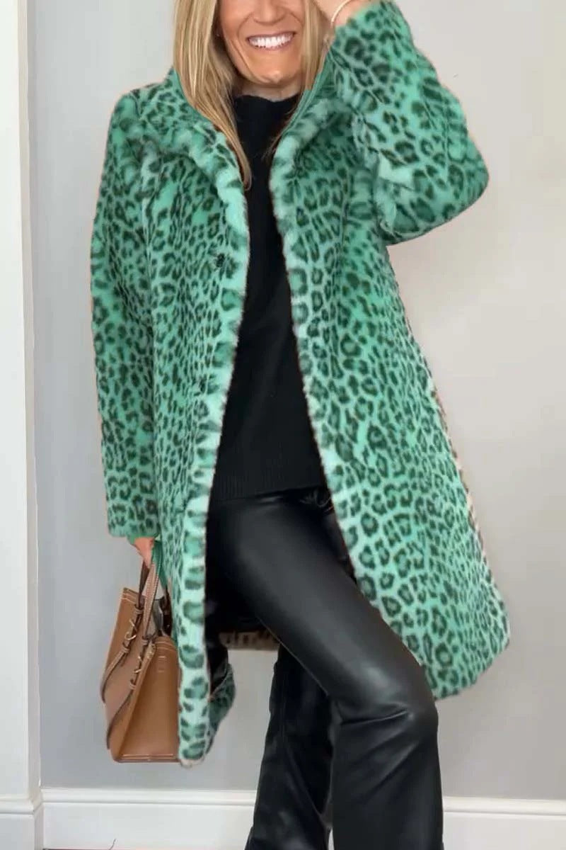Damen Mantel – Kunstfell – Oversize Passform – Reverskragen – Leopardenmuster
