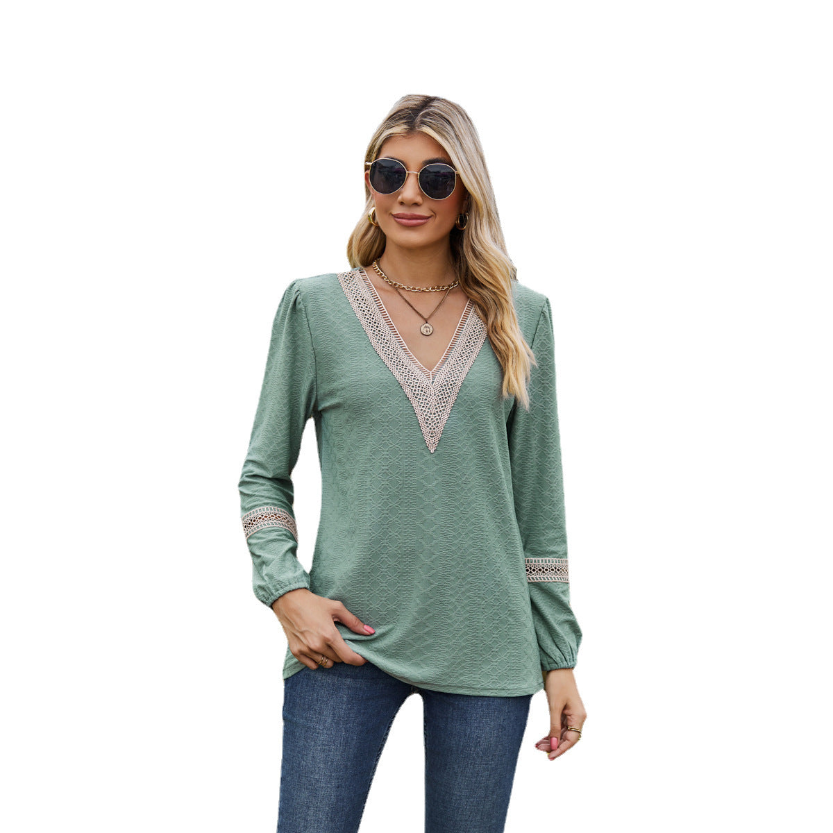Damen Langarmshirt – Lockere Passform – V-Ausschnitt – Spitzendetails – Atmungsaktiver Stoff
