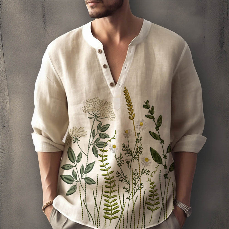 Herren Henley Shirt – Lockerer Schnitt – Florale Stickerei – Atmungsaktive Baumwolle