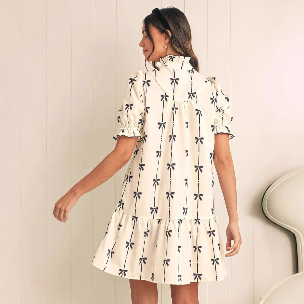 Damen A-Linienkleid – Natürliche Fasern – Puffärmel – Schleifenmuster – Kurz丈