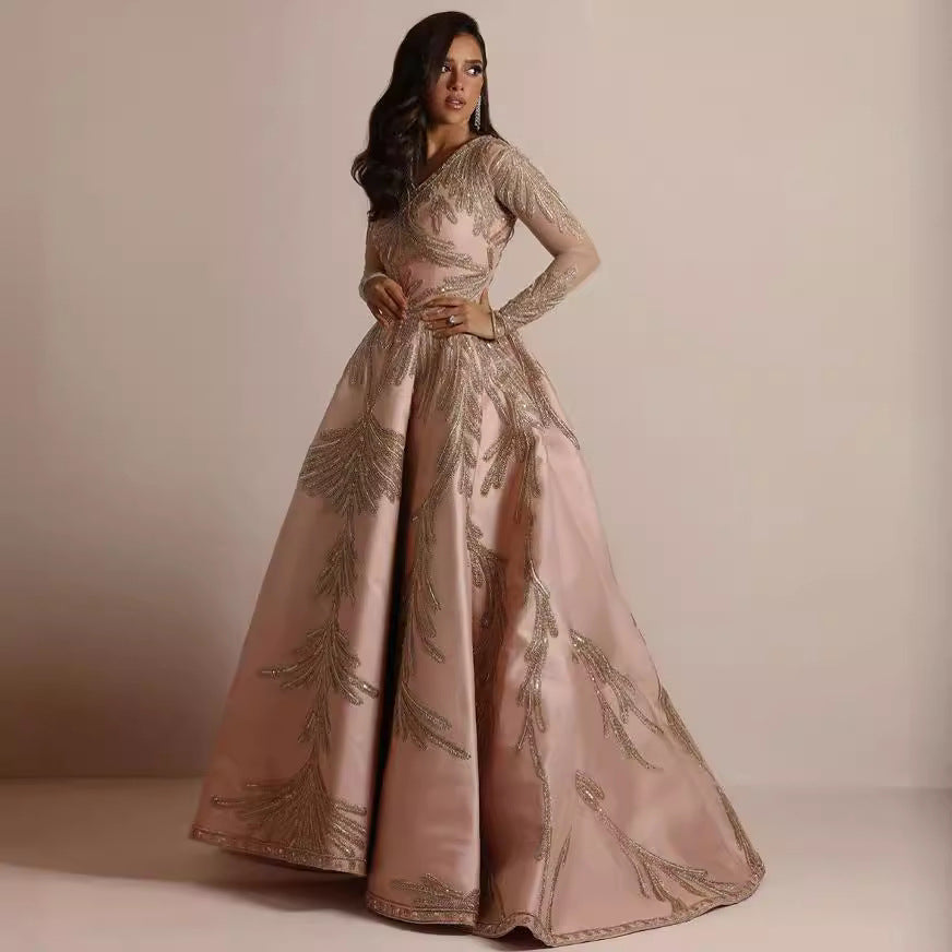 Abendkleid Damen – Luxusstoff – A-Linie – Tiefer V-Ausschnitt – Paillettenärmeln