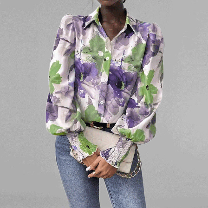 Damen Bluse – Oversized Fit – Puffärmel – Blumendruck – Smockbündchen