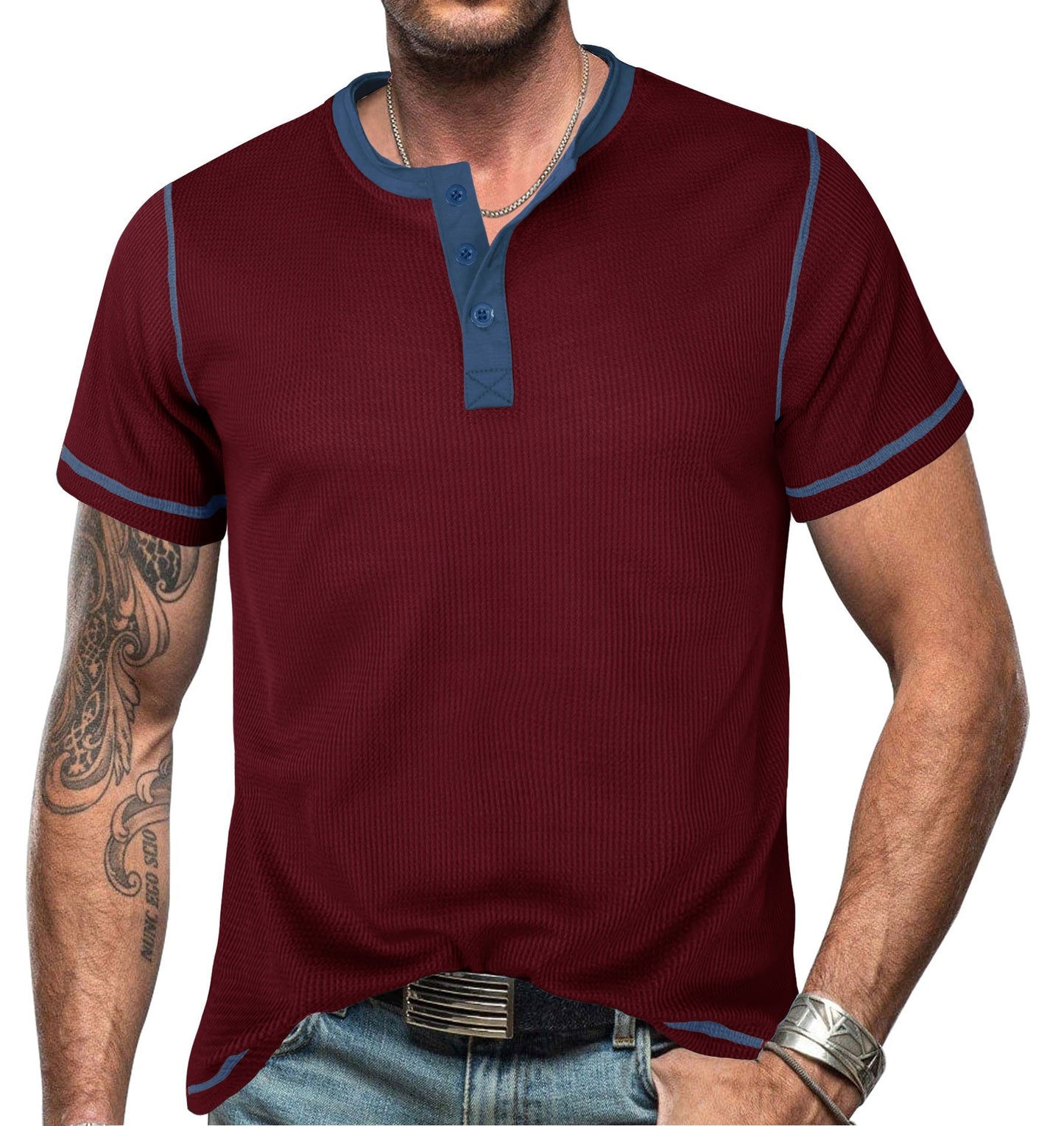 Herren Henley Shirt – Slim Fit – Atmungsaktive Baumwolle – Kurzarm mit Ziernähten