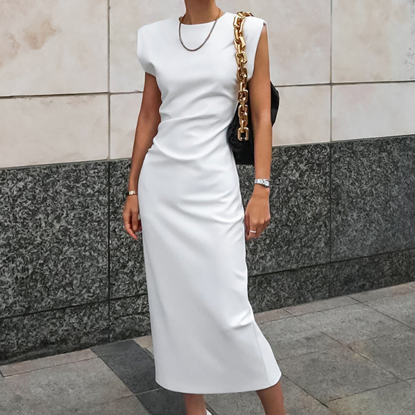 Damen Midikleid – Ärmellos – Figurbetont – Luxusstoff – Hoher Ausschnitt – Beinschlitz