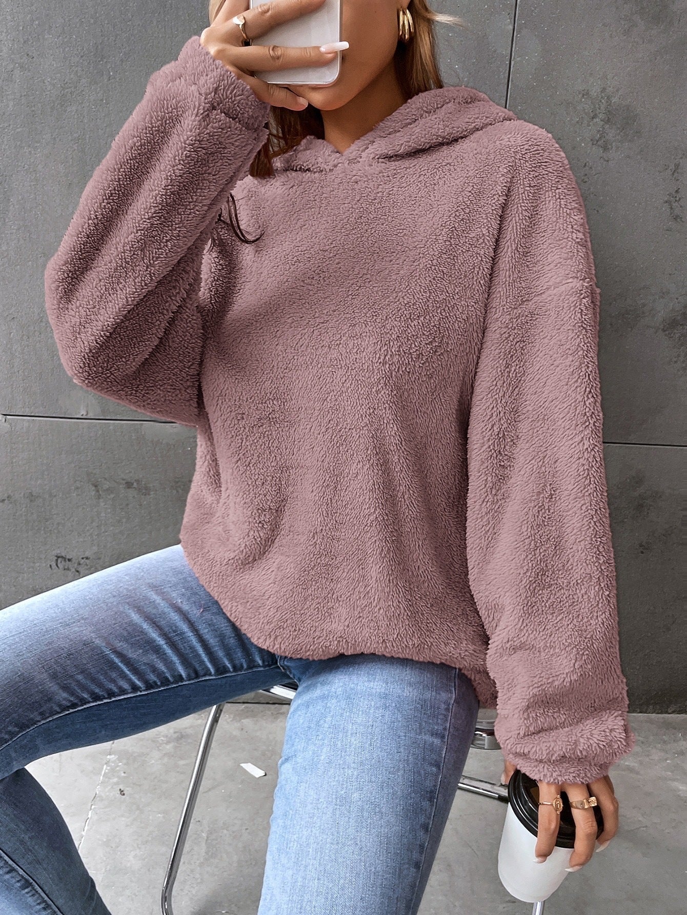 Damen Kapuzenpullover – Lockerer Schnitt – Fleece – Kurz – Langarm – Loungewear
