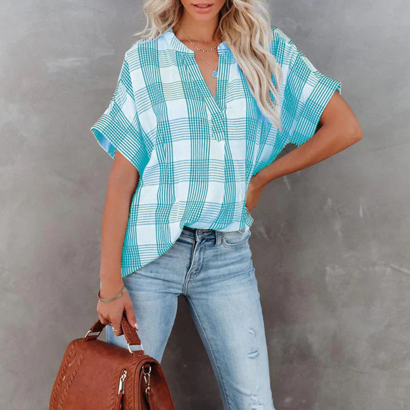 Damen Bluse – Lockerer Schnitt – Kariertes Muster – V-Ausschnitt – Baumwolle