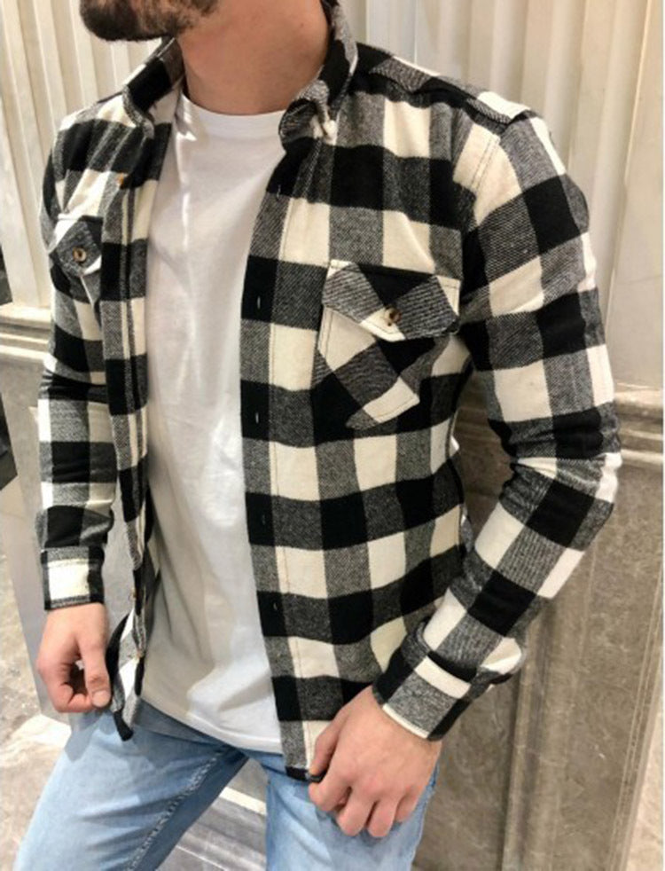 Herren Freizeithemd – Kariert – Lockere Passform – Leinen-Baumwollmix – Langarm mit Taschen