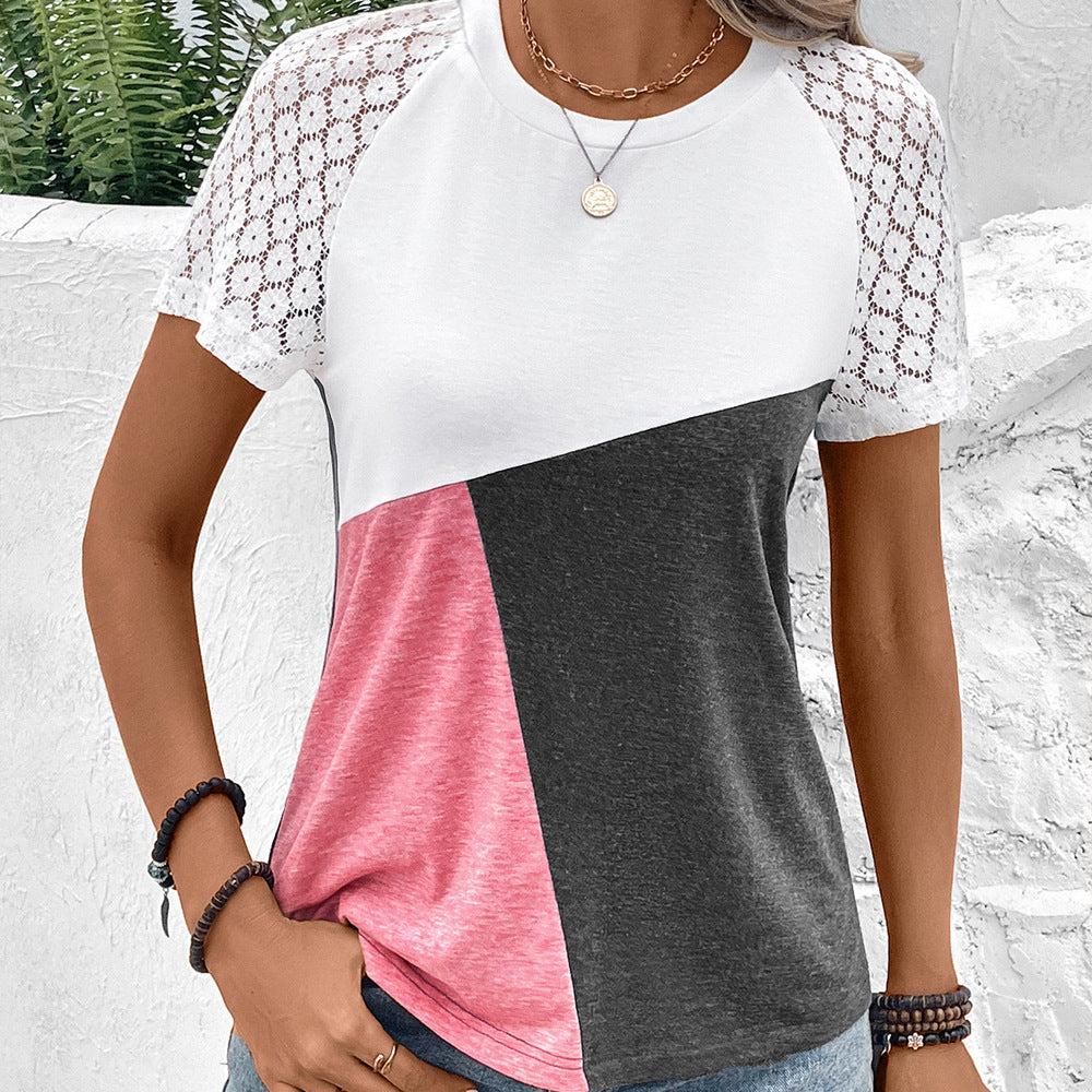 Damen T-Shirt – Relaxed Fit – Baumwollmix – Spitzendetails – Rundhals Colorblock