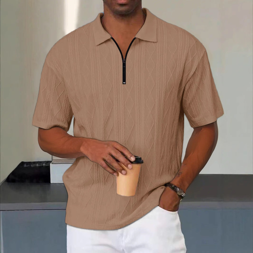 Herren Poloshirt – Relaxed Fit – Soft Knit – Zip-Kragen – Kabelstrickmuster