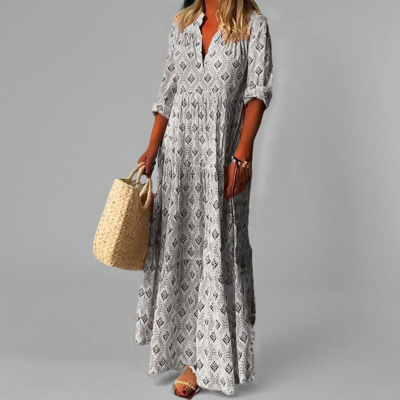 Damen Maxikleid – Lockere Passform – V-Ausschnitt – Vintage Muster – 3/4 Ärmel