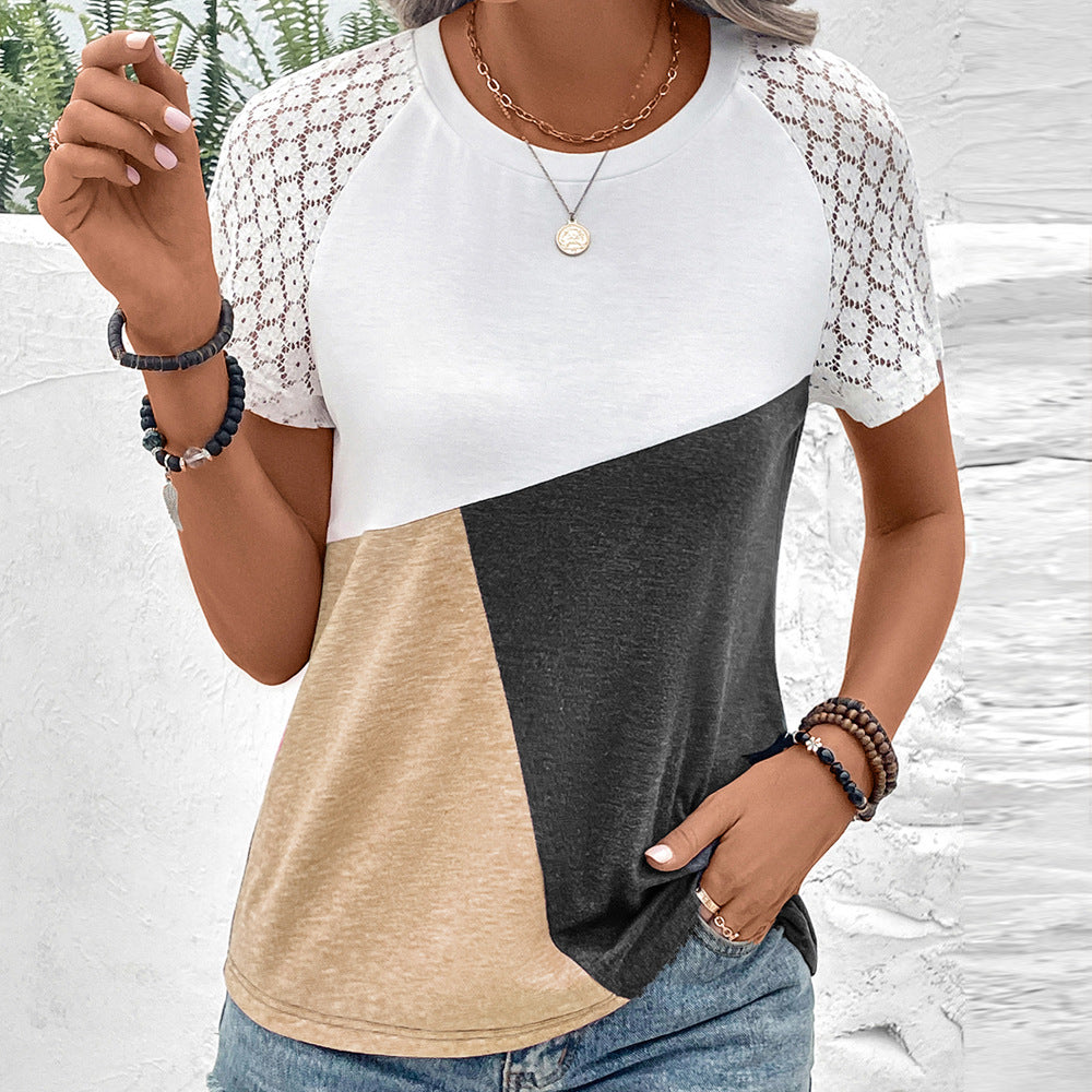 Damen T-Shirt – Relaxed Fit – Baumwollmix – Spitzendetails – Rundhals Colorblock