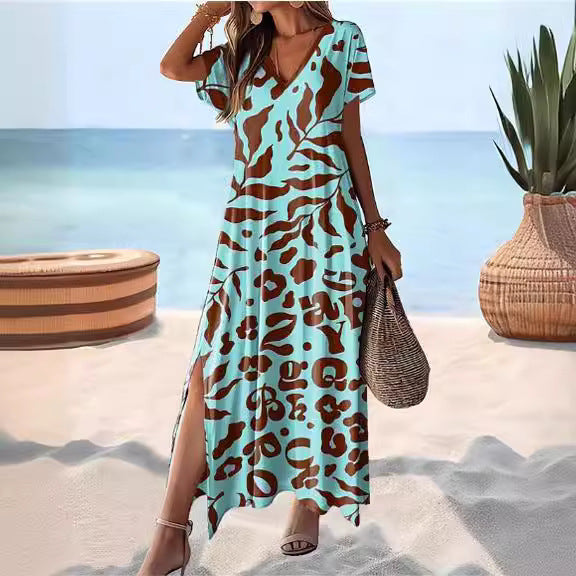 Damen Maxikleid – Lockerer Schnitt – V-Ausschnitt – Kurzarm – Atmungsaktiv – Seitenschlitz – Animal Print