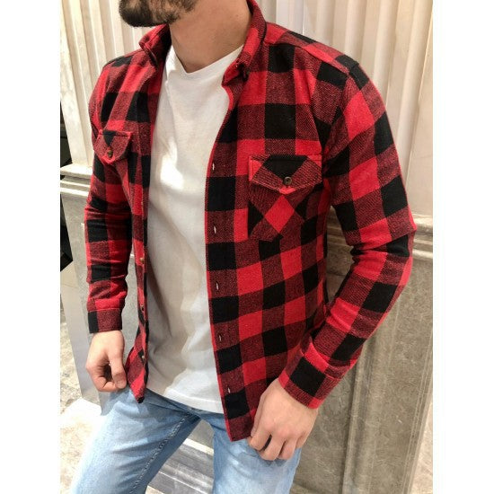 Herren Freizeithemd – Kariert – Lockere Passform – Leinen-Baumwollmix – Langarm mit Taschen