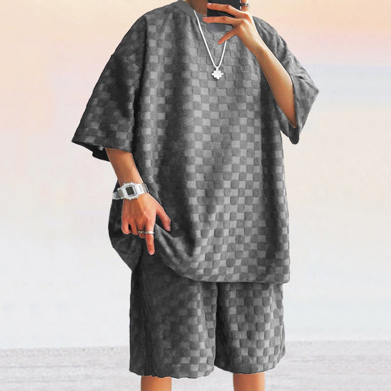 Herren Freizeit Set – Lockeres Shirt & Gerade Shorts – Weiches Jacquard-Strick