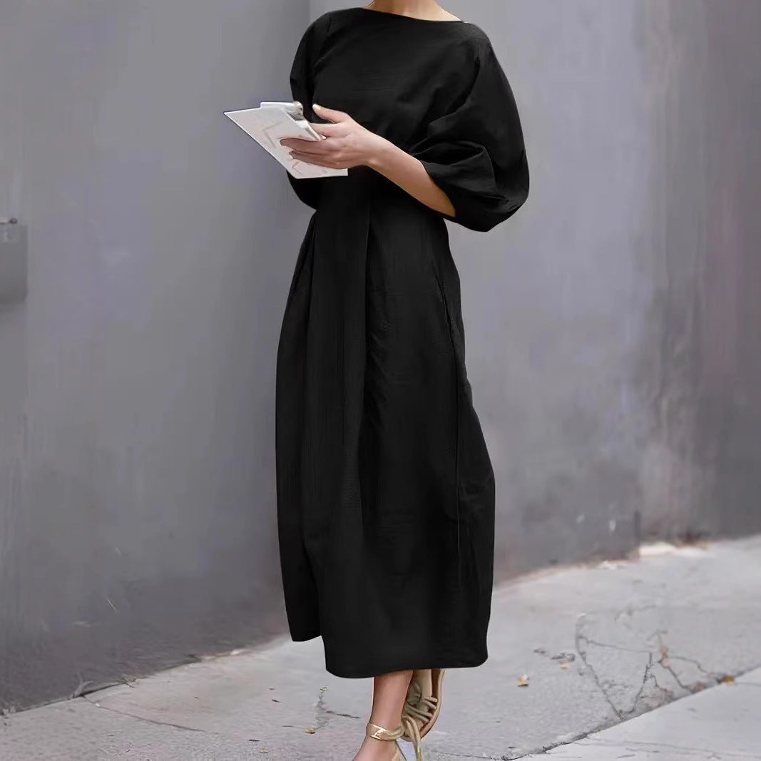 Damen Kleid – Lockerer Schnitt – Puffärmel – Rundhals – Atmungsaktiv Baumwolle