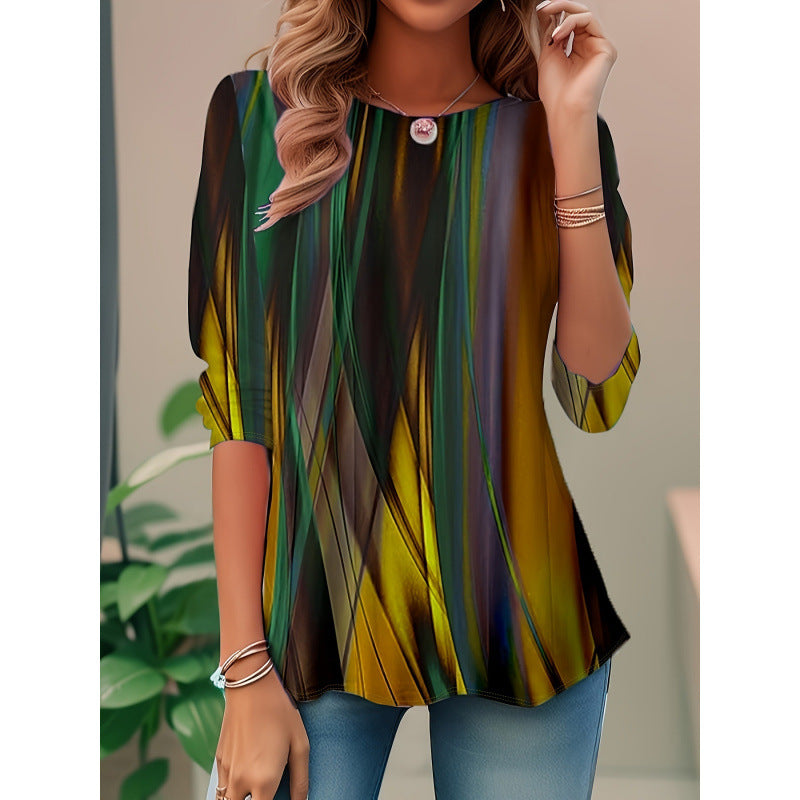 Damen Bluse – Lockerer Schnitt – Abstraktes Muster – 3/4 Ärmel – Atmungsaktiv