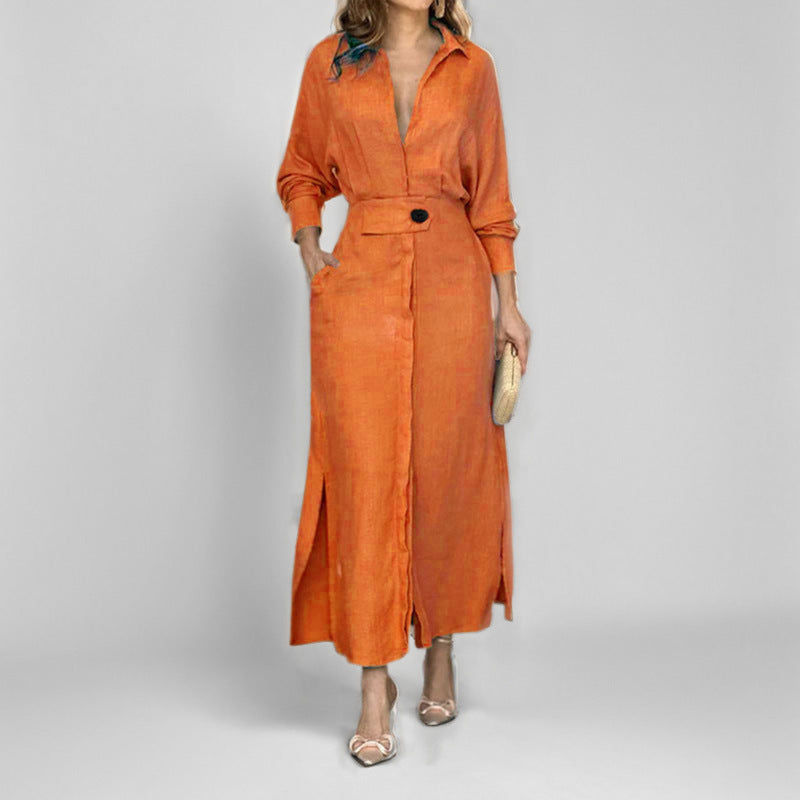 Damen Kleid – Hemdblusenkleid – Linnen – Taillierte Passform – Asymmetrischer Saum
