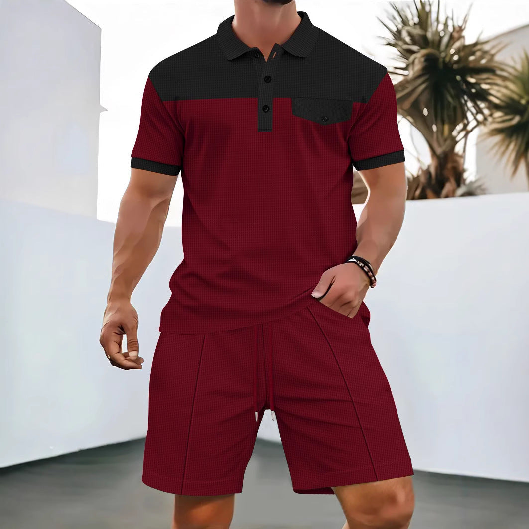 Heren Set – Poloshirt en Shorts – Regular Fit – Atmungsaktives Baumwollmaterial – Brusttasche