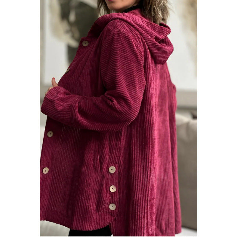 Damen Jacke mit Kapuze – Cordoptik – Oversized Fit – Mittellang – Knopfverschluss