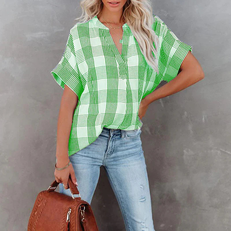 Damen Bluse – Lockerer Schnitt – Kariertes Muster – V-Ausschnitt – Baumwolle