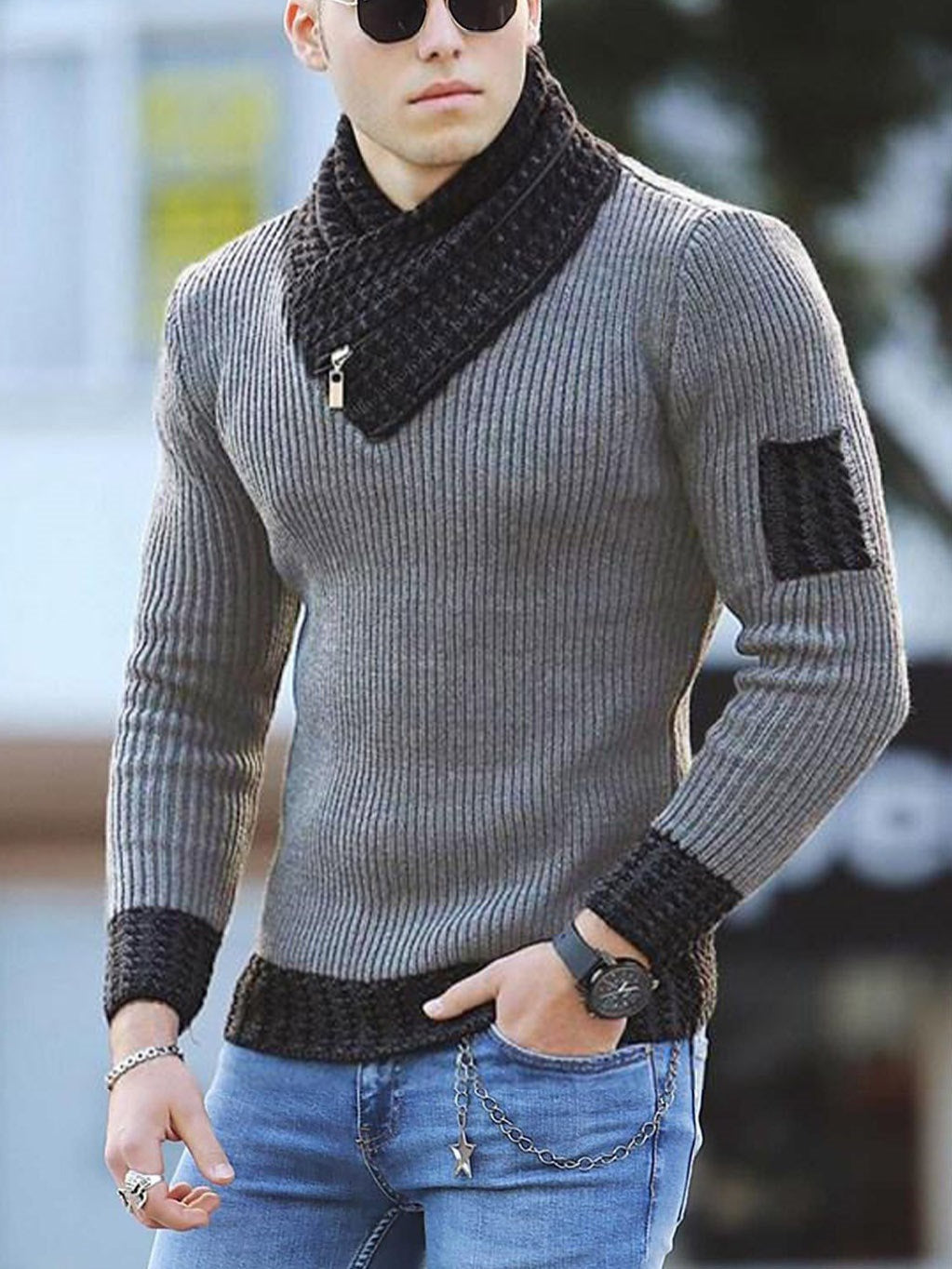 Herren Pullover – Slim Fit – Rippenstrick – Schalkragen mit Reißverschluss – Wollmix