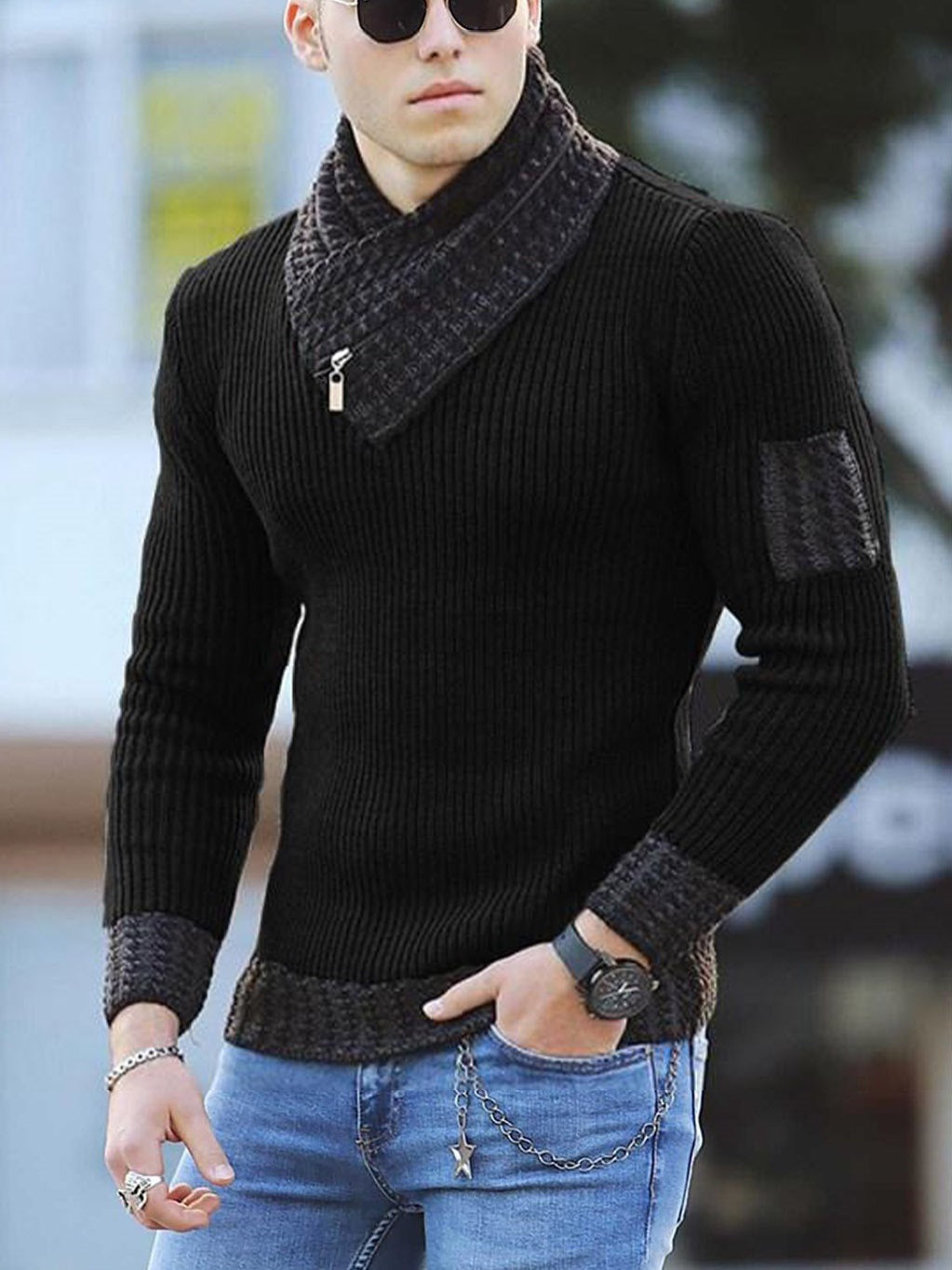Herren Pullover – Slim Fit – Rippenstrick – Schalkragen mit Reißverschluss – Wollmix