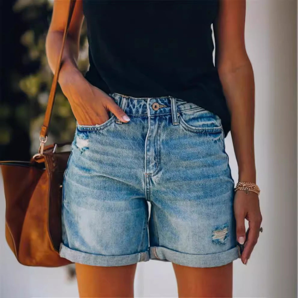 Damen Jeansshorts – Mittelhoher Bund – Relaxed Fit – Used-Look – Taschen-Design