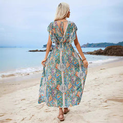 Damen Maxikleid – Boho-Stil – Tiefer V-Ausschnitt – Voluminöse Ärmel – Atmungsaktive Mischung