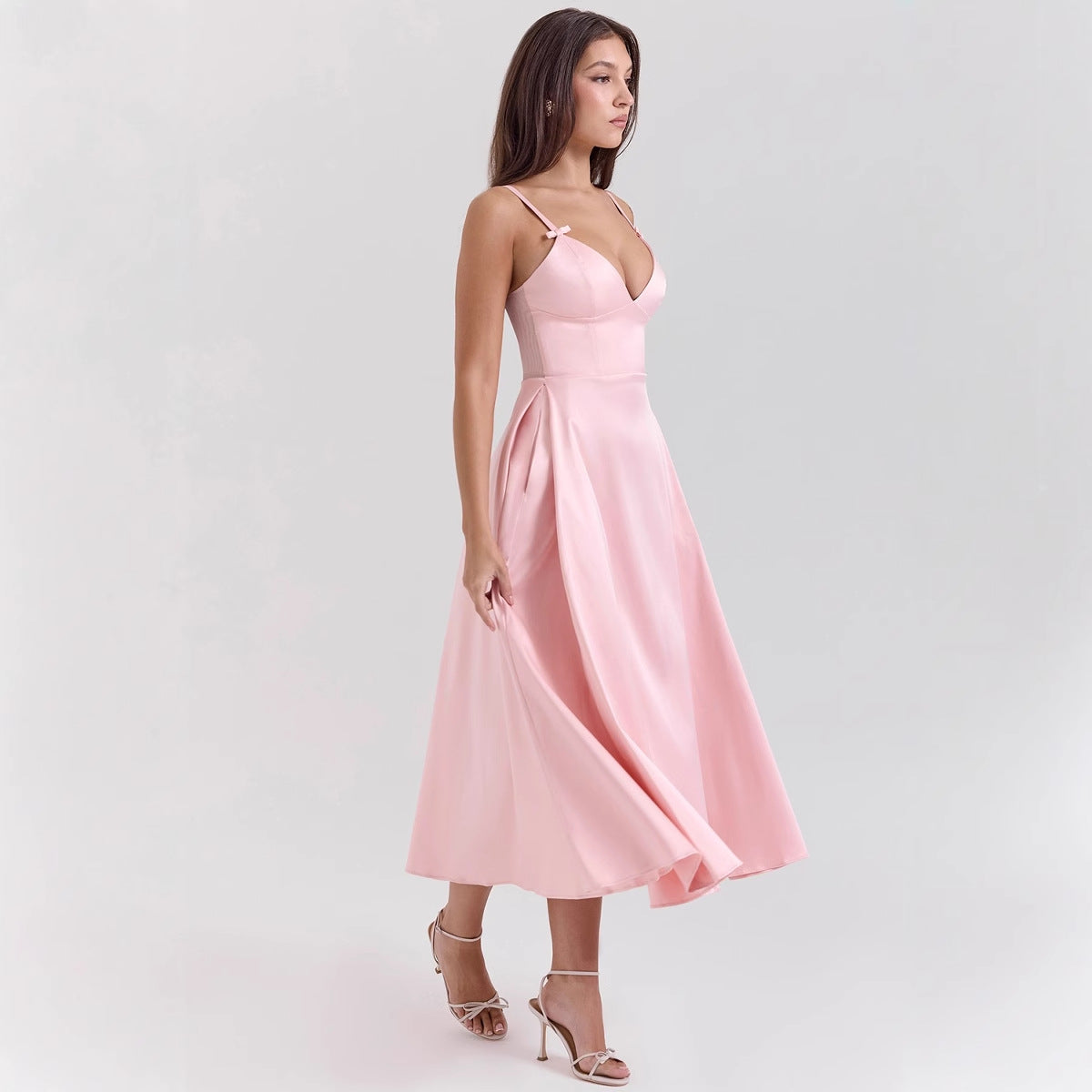 Damen Abendkleid – Luxusstoff – V-Ausschnitt – Spaghettiträger – A-Linie Midi