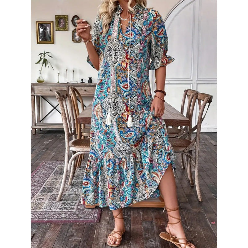 Damen Midikleid – Lockere Passform – Boho-Muster – Rüschenärmel – Tie-Detail