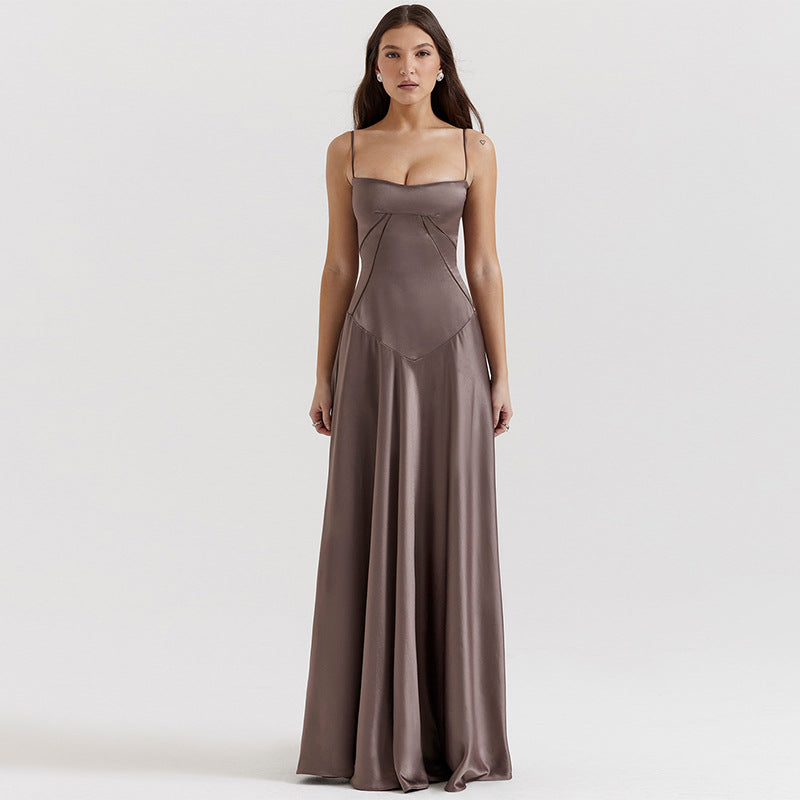 Damen Abendkleid – A-Linie – Luxusstoff – Spaghettiträger – Cut-Out Taille – Lang