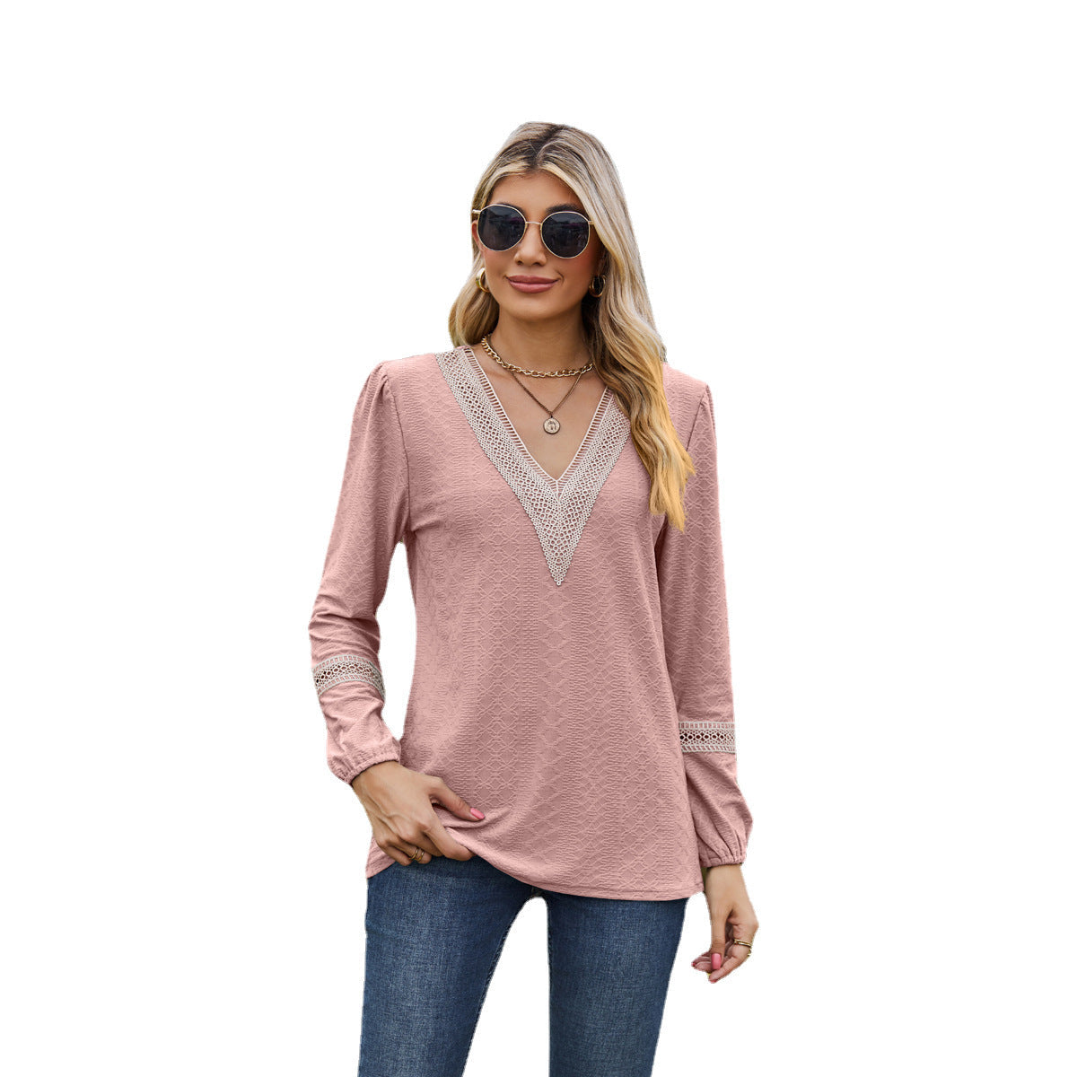 Damen Langarmshirt – Lockere Passform – V-Ausschnitt – Spitzendetails – Atmungsaktiver Stoff