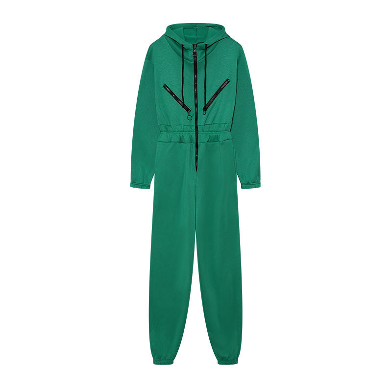 Damen Jumpsuit – Relaxed Fit – Baumwollmix – Kapuze – Reißverschluss – Bündchenabschluss