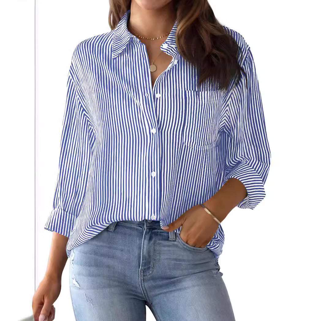 Damen Bluse – Lockerer Schnitt – Naturfasern – Gestreift mit Knopfleiste