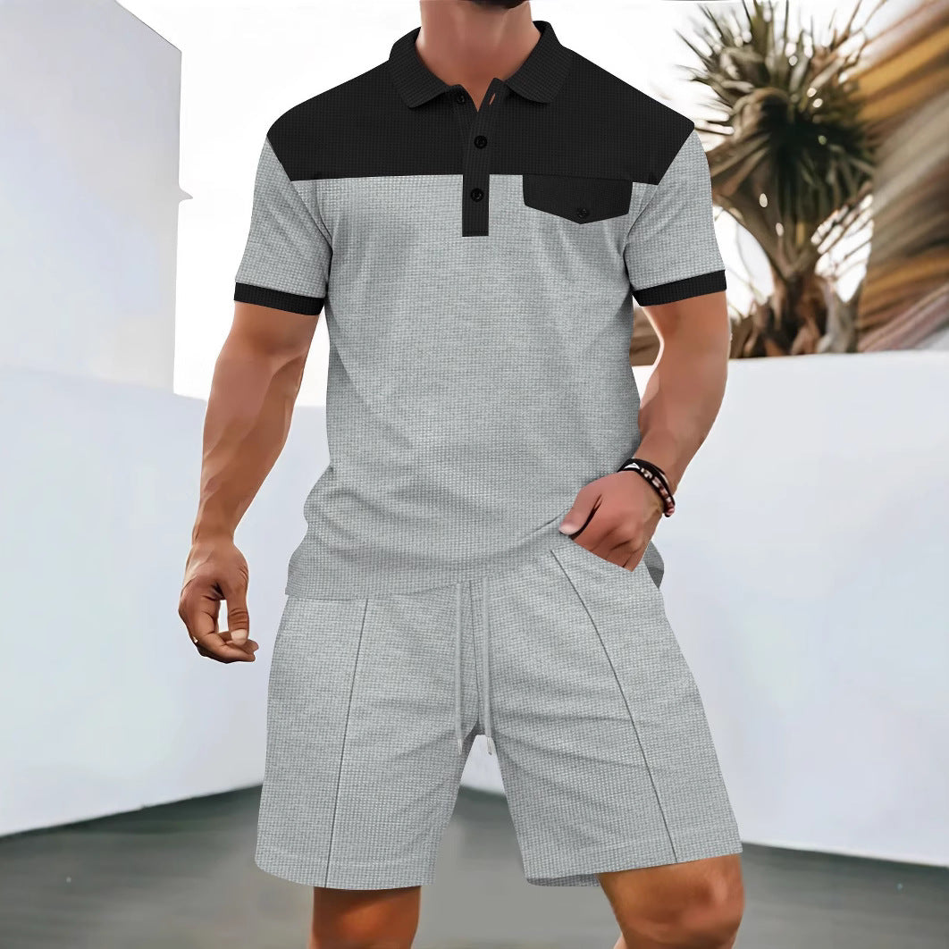 Heren Set – Poloshirt en Shorts – Regular Fit – Atmungsaktives Baumwollmaterial – Brusttasche