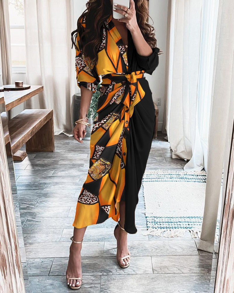 Damen Maxikleid – V-Ausschnitt – Knopfleiste – Bindegürtel – Langarm – Baumwollmix