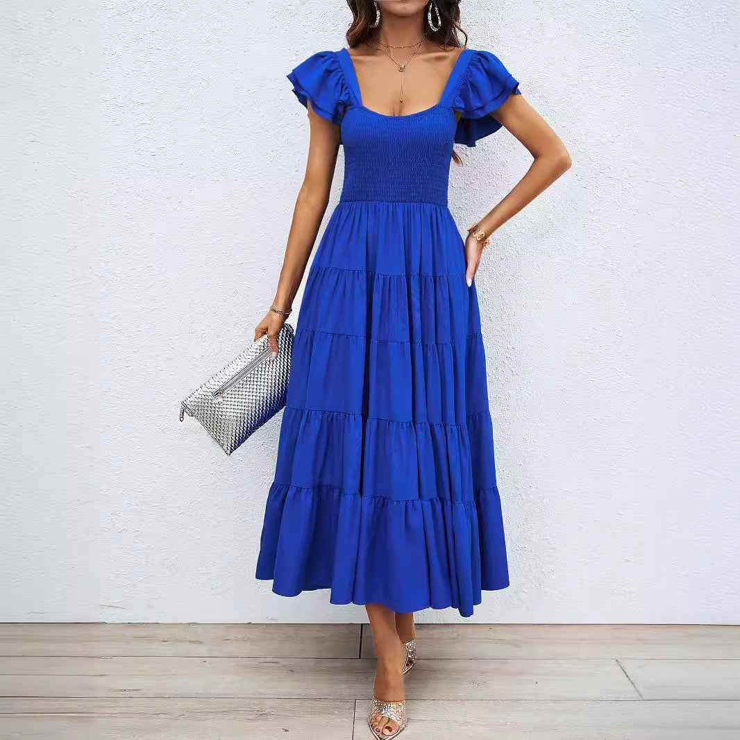 Damen Maxikleid – A-Linie – Smock-Oberteil – Rüschen-Träger – Stufenrock – Atmungsaktives Gewebe