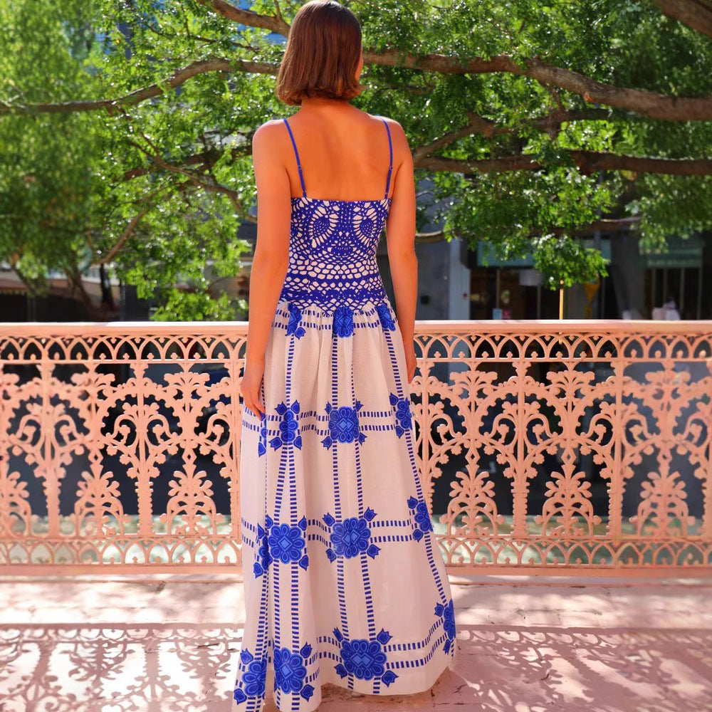 Damen Maxikleid – Häkelspitze Oberteil – A-Linie – Fließender Schnitt – Spaghettiträger