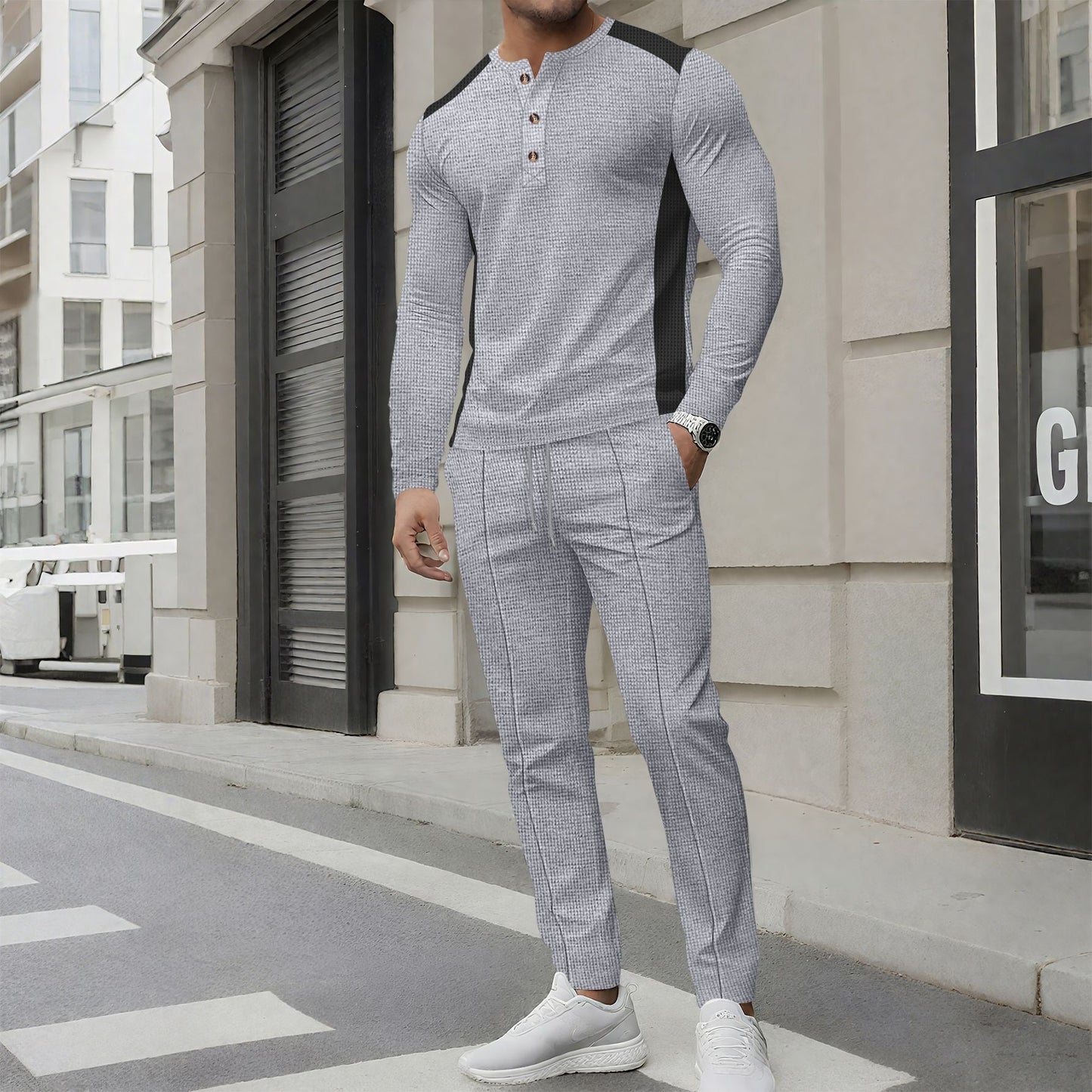 Herren Trainingsanzug – Slim Fit – Langarm Henley – Atmungsaktiv mit Rippbündchen