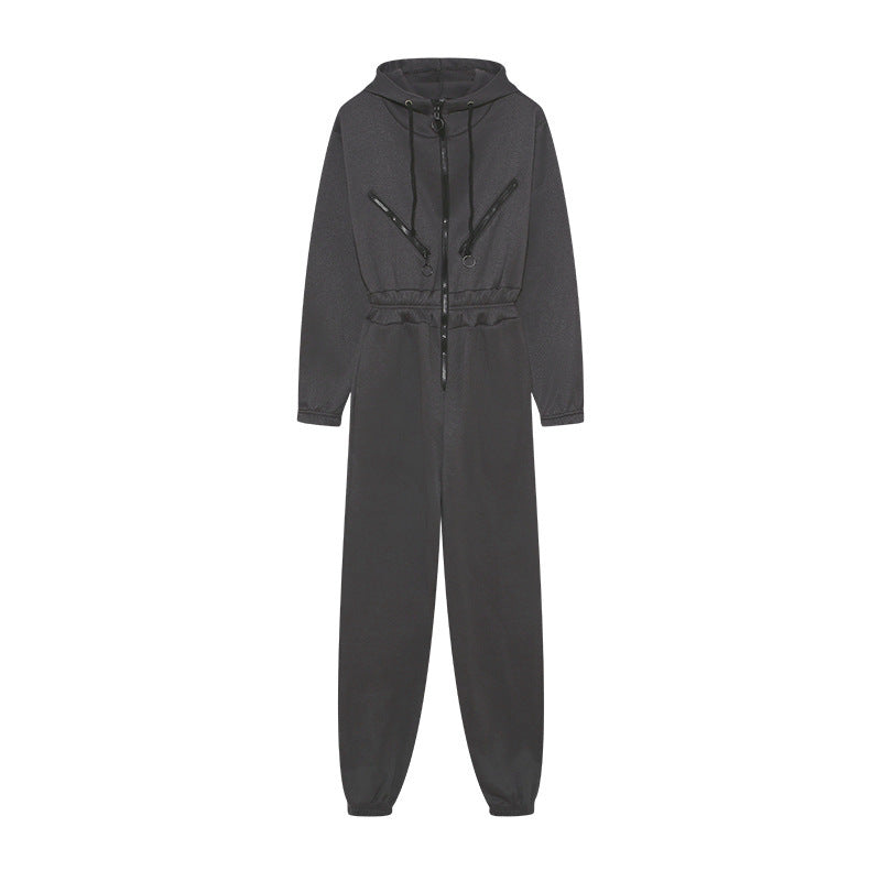 Damen Jumpsuit – Relaxed Fit – Baumwollmix – Kapuze – Reißverschluss – Bündchenabschluss