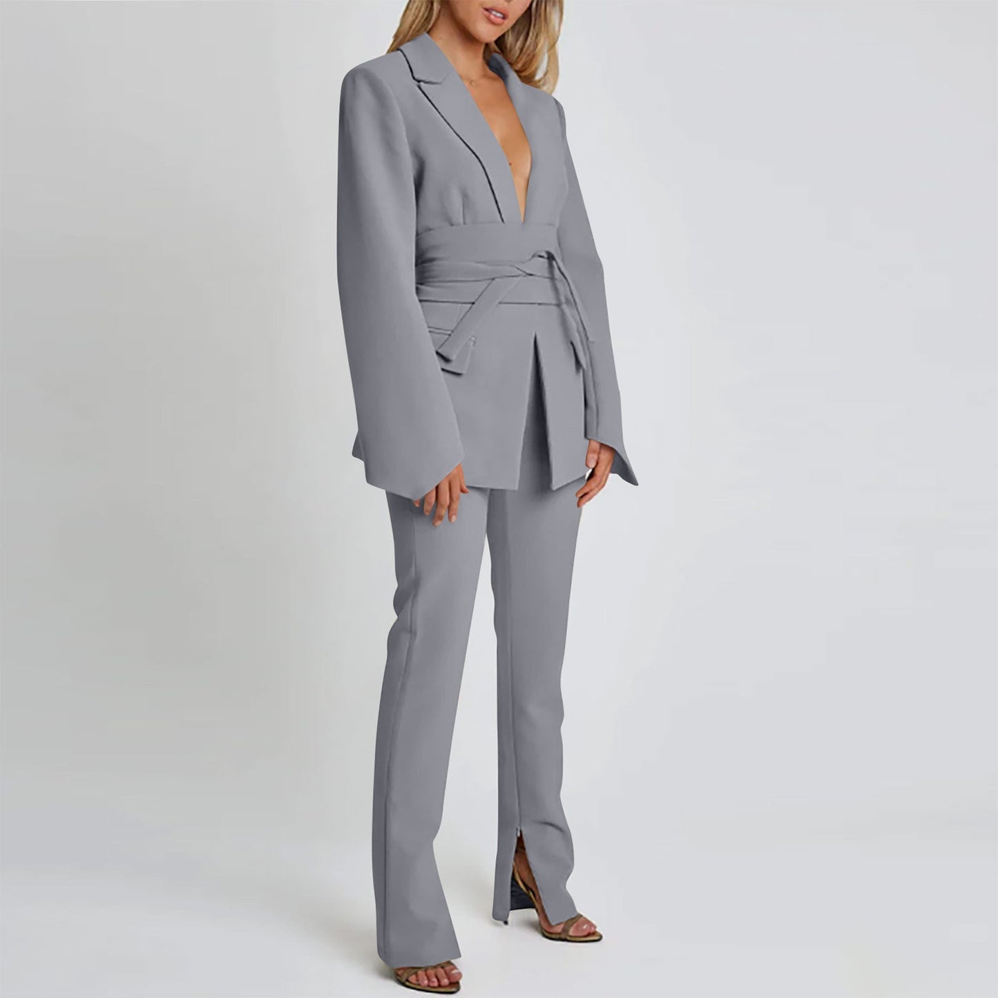 Damen Blazer – Longline Schnitt – Tailliert – Bindegürtel – Eleganter Reverskragen