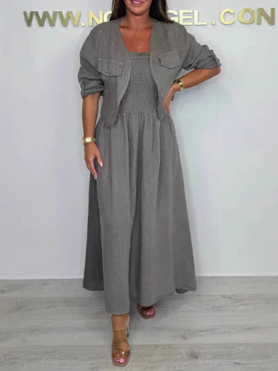 Damen Maxikleid Set – Smock-Oberteil – Lockerer Schnitt – Baumwolle – Kurzjacke