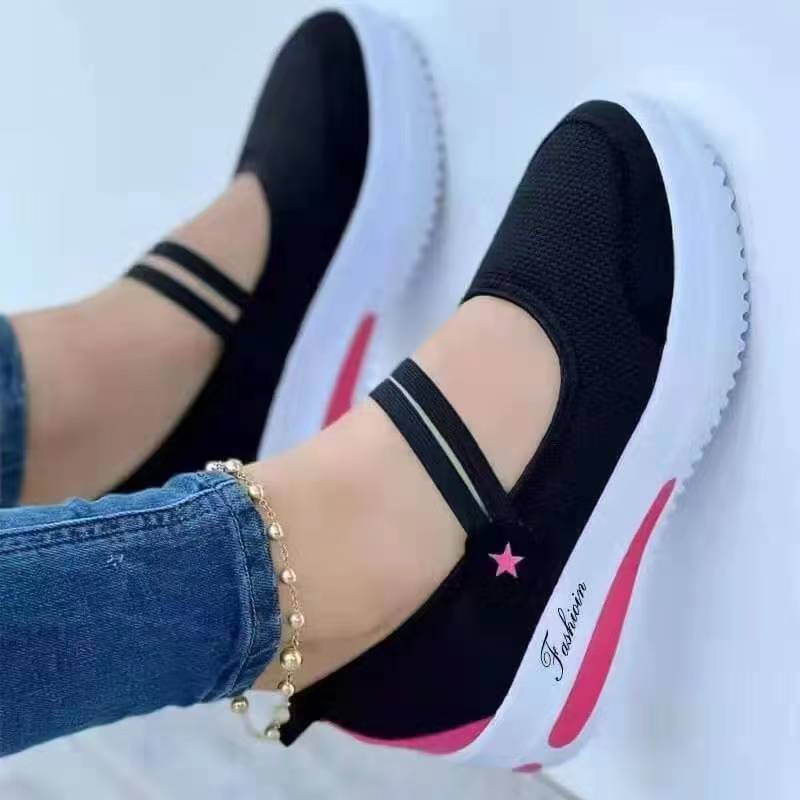 Damen Slip-On Freizeitschuhe – Atmungsaktives Material – Flacher Absatz – Elastikriemen