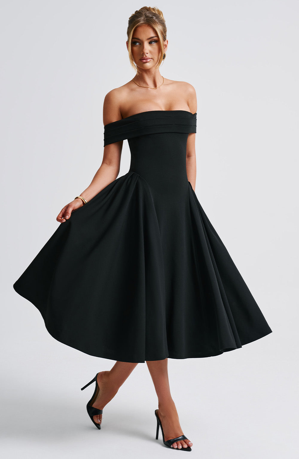 Damen Midikleid – Off Shoulder – A-Linien-Schnitt – Eleganter Look – Luxusstoff