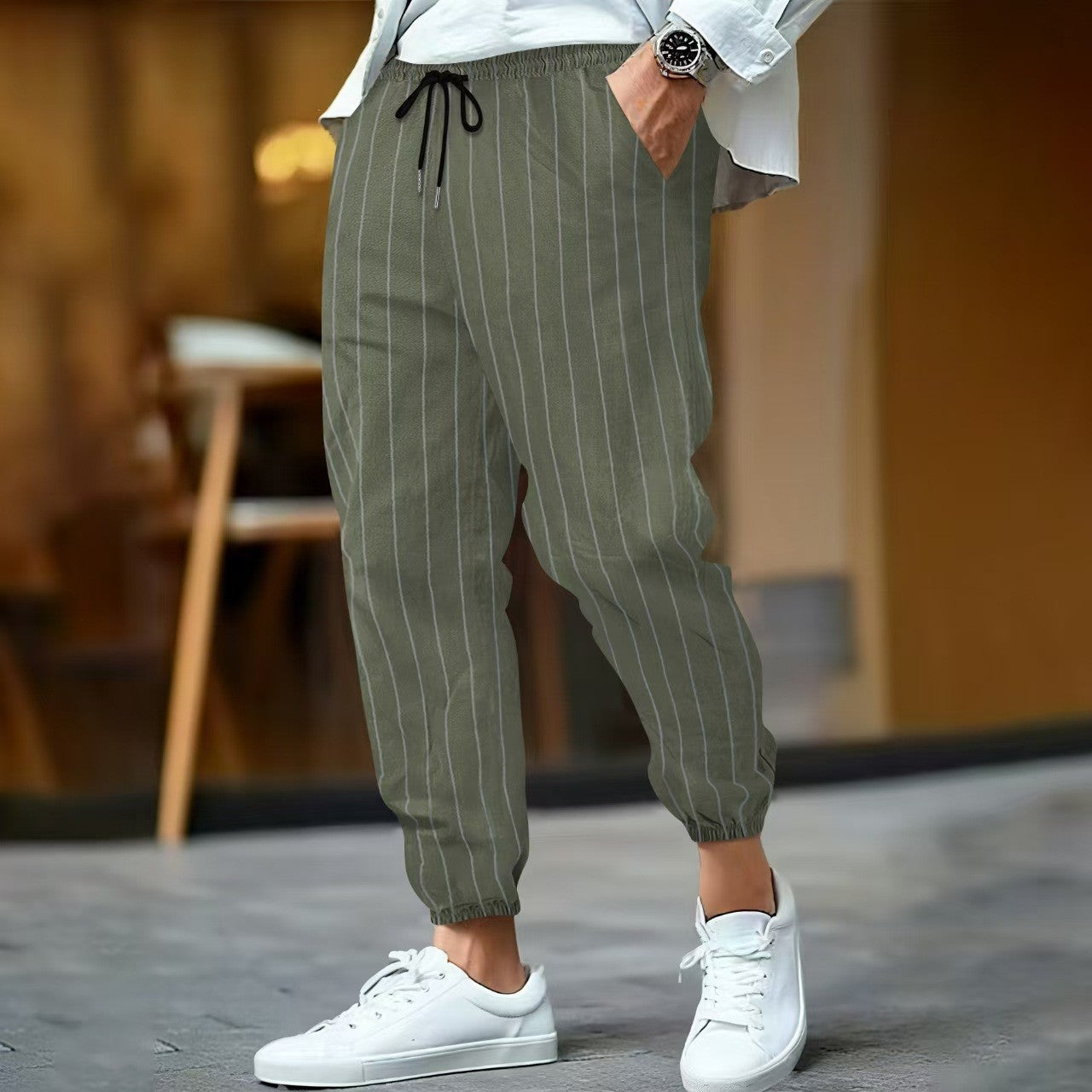 Herren Freizeithose – Lockerer Schnitt – Baumwollmix – Elastikbund mit Kordelzug
