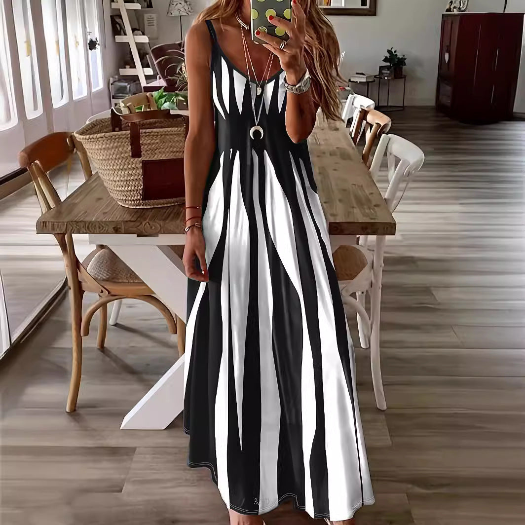 Damen Maxikleid – V-Ausschnitt – Spaghettiträger verstellbar – Gestreift – A-Linie Fließend